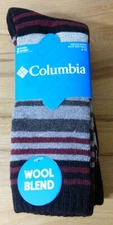 Columbia 2 Pair Wool Blend Crew Socks Mens Shoe Size 6-12 Black/Multi Stripe NEW