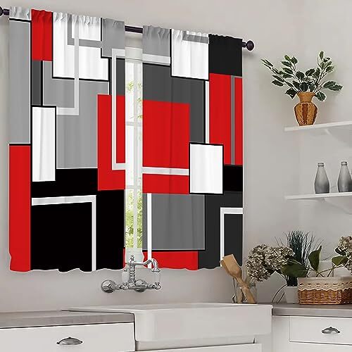Red and Black Kitchen Curtains 39 2 Panelsx27.5"W x 39"L Abstract
