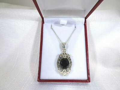 3.25 ct Black Faceted Cubic Zirconia Marcasite Sterling Silver Italian Necklace