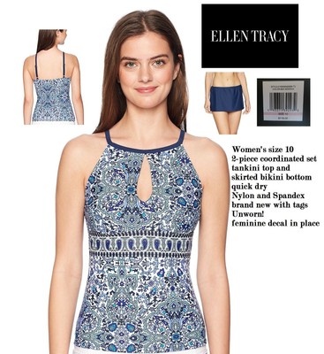 Ellen Tracy women's size 10 swim halter tankini+skirted bottom 2-piece Blue/Navy 193371392932 | eBay