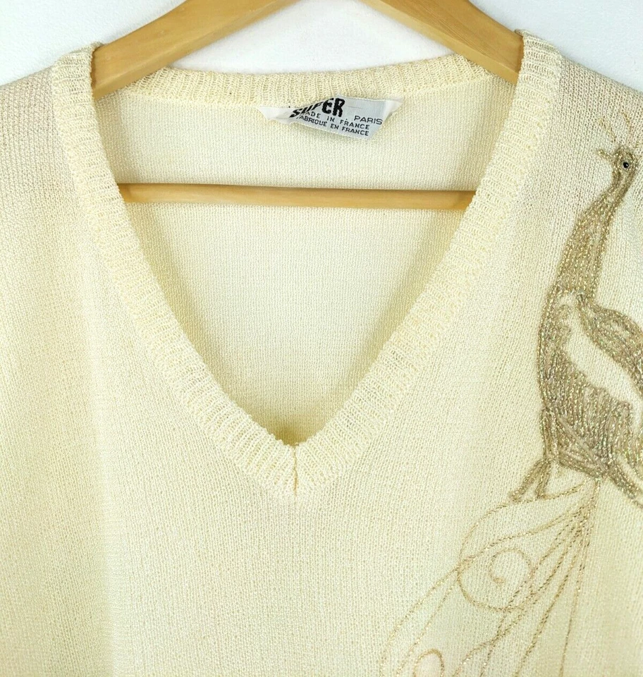 SUFER Париж винтажный 90-х женщин бежевый Павлин вышивка вязаный топ размер 10 12 M - Изображение 2 из 4