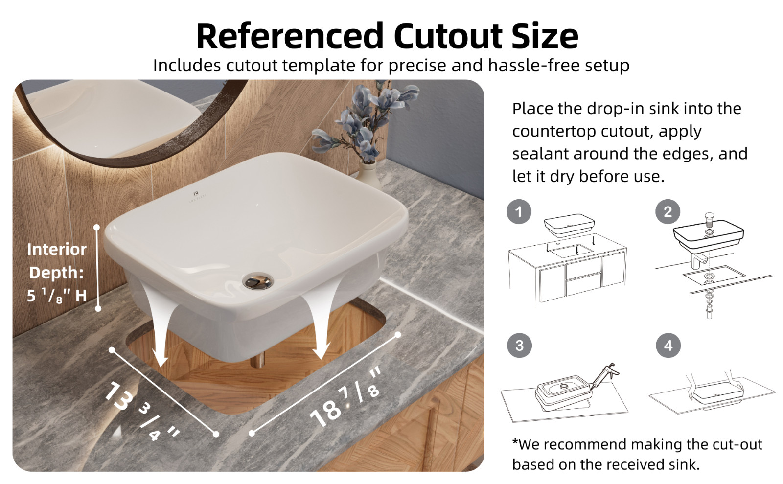 20 x 15 Inch Drop-In Bathroom Sink, White Ceramic Semi-Recessed Sink with Drain