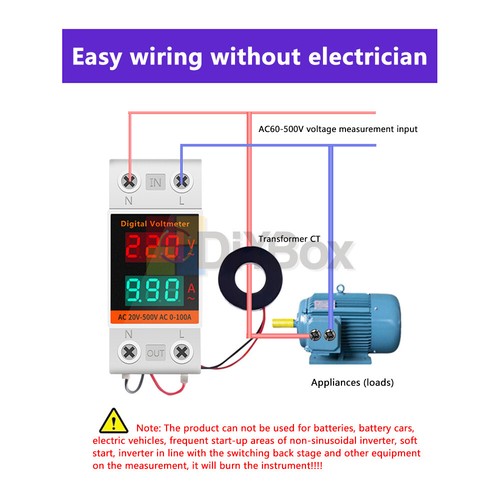 Din Rail LCD Digital Voltmeter Ammeter Electricity Meter AC 60V-500V 0.00-99.9A - Picture 16 of 18