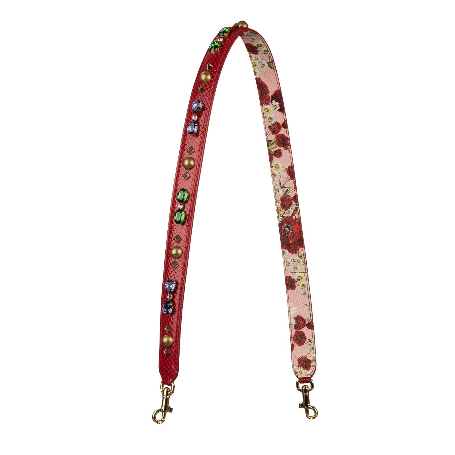 DOLCE & GABBANA Crystal Stud Flower Snake Leather Bag Strap Handle Red