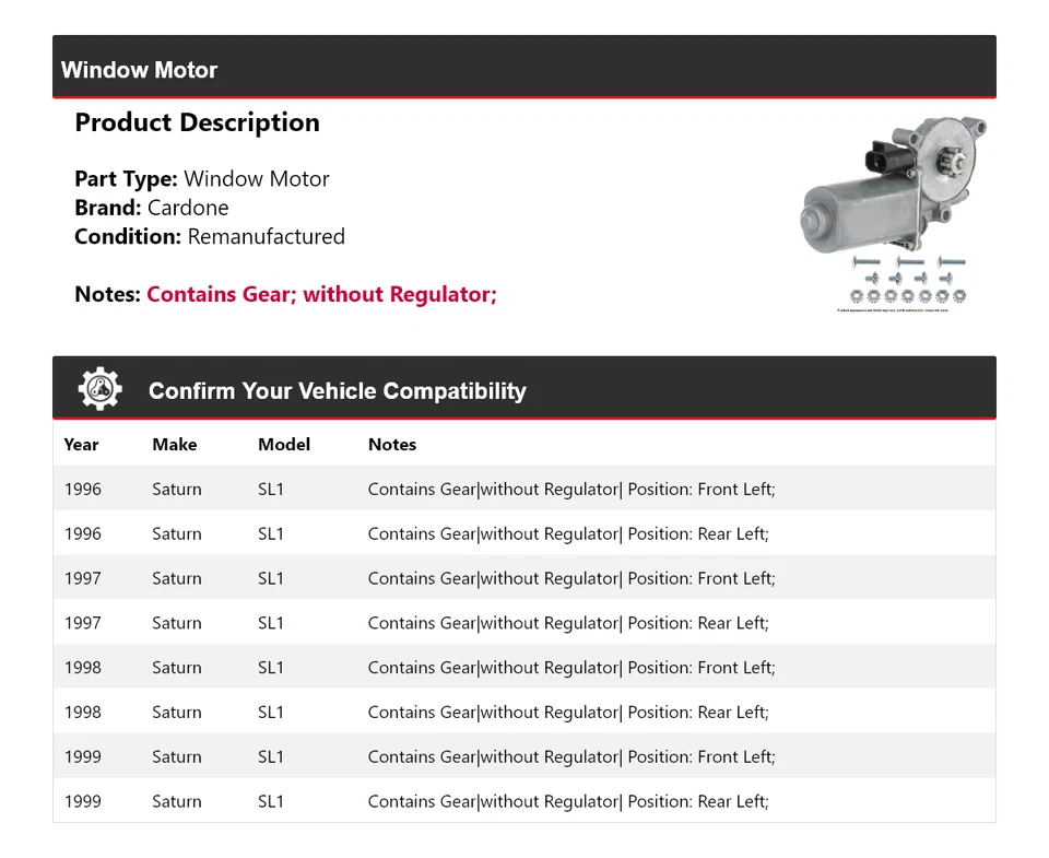 Для 1996-1999 Saturn SL1 оконный мотор Cardone 1997 1998 - Изображение 2 из 4