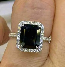 3Ct Emerald Lab Created Black Diamond Halo Engagement Ring 14K White Gold Plated