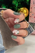 Red Aspen Press On Nails- Stamped with Cheer, Sheryl Short • Almond • Glitter