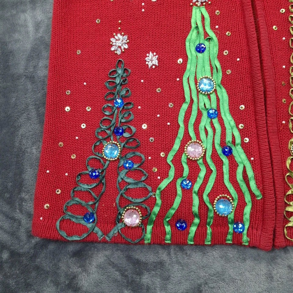 KIKIT Prendas de Punto Suéter Chaleco Mujer Medio Rojo Feo Árboles de Navidad Con Cuentas Cremallera Foto 2 de 4