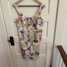 Loft Women’s Sleeveless White Pastel Pattern Watercolor Dress Ruffle Neck Size 6
