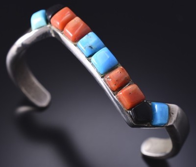 Vintage Silver & Turquoise w/ Coral Navajo Inlay Wave Bracelet 6E14P