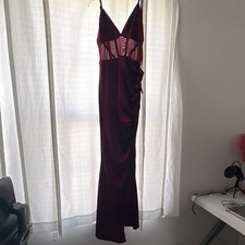 Burgundy Mesh Sheer Corset Maxi Dress V-Neck Strappy Sleeveless Side Slit S