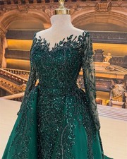 Luxury Emerald Green Wedding Reception Dress Beaded Formal Gown With Overskirt
