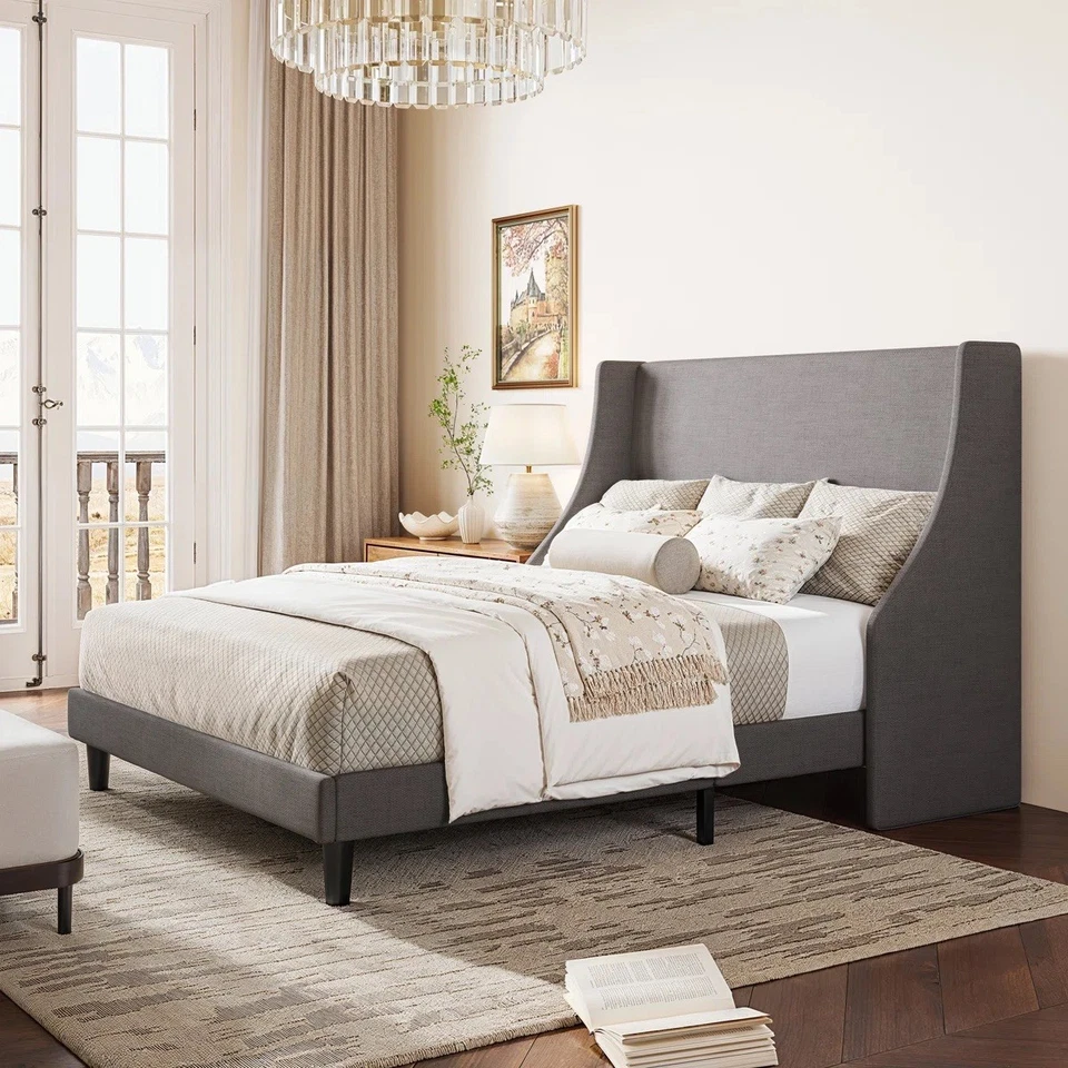 Cama plataforma Bowdoin moderna estofada de linho com ripas de madeira - Imagem 2 de 4