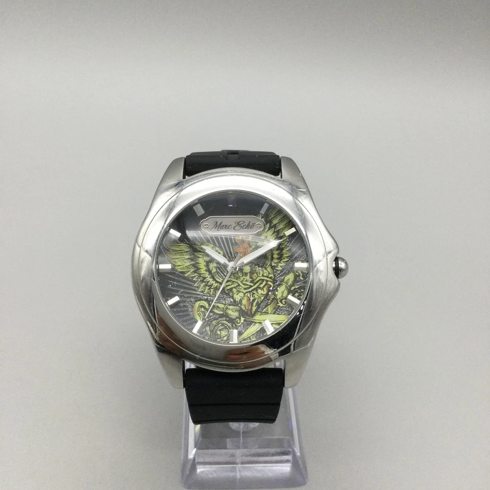 Marc Ecko Watch Mens 46mm Stainless Winged Heart Dial Black Silicone New Battery - image 2 of 4