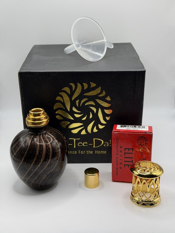 La Tee Da PERFUME LAMP BROWN AND BLACK SWIRL COPPER GOLD CAP WITH WICK NIB