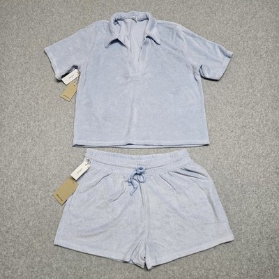 Aritzia Wilfred Free Light Blue Terry Cloth Set Shirt (S) Shorts (M) NWT 