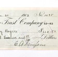 1912 Kineo Trust Company Bank Check E.A. Sampson Dover Maine Signed 1095 CHX4