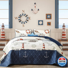 Djoymock Ocean King Size Quilt Set 3 Piece,Nautical Coastal Quilt Bedding Set wi