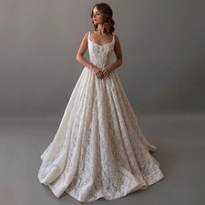 Lace Wedding Dresses Bride V Neck Sleeveless Pearls Court Train Bridal Gown