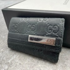 GUCCI Key Case 6 Key Black Leather Embossed Logo From JP