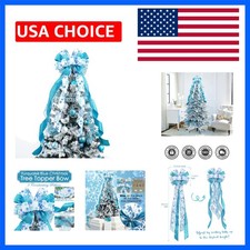 Blue Christmas Tree Topper 12" Wide Glitter Christmas Bows Snowflake Ribbon B...