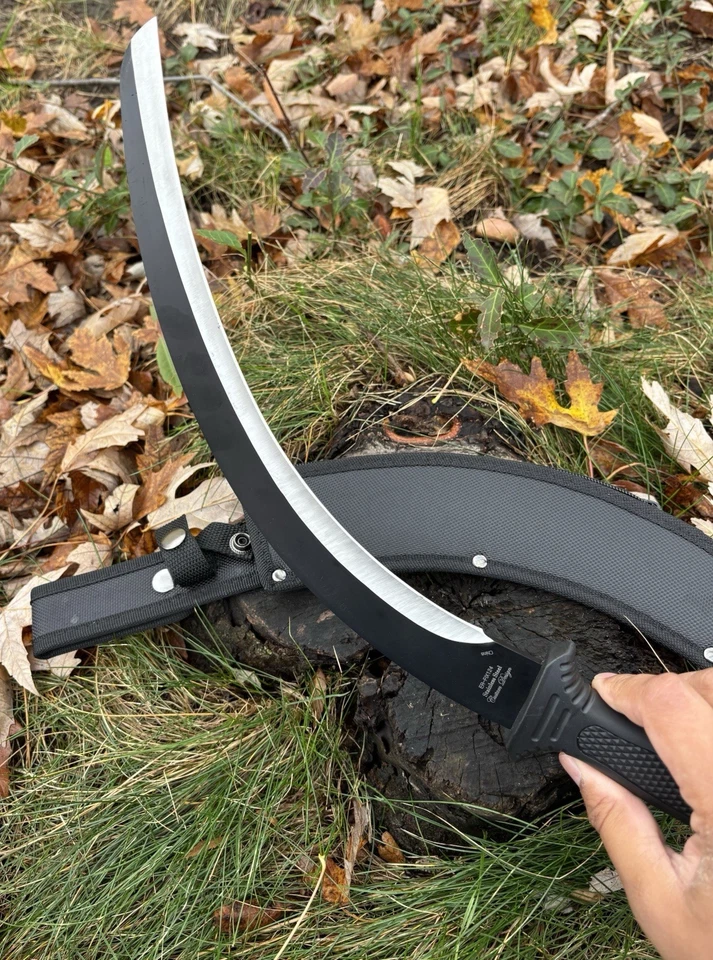 16” Machete Crescent Hook Blade Rubber Handle Nylon Sheath Black Harvest Sickle - Image 2 of 4