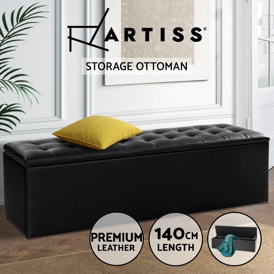 Artiss Storage Ottoman Blanket Box Bench 140cm Leather Chest Foot Stool Black