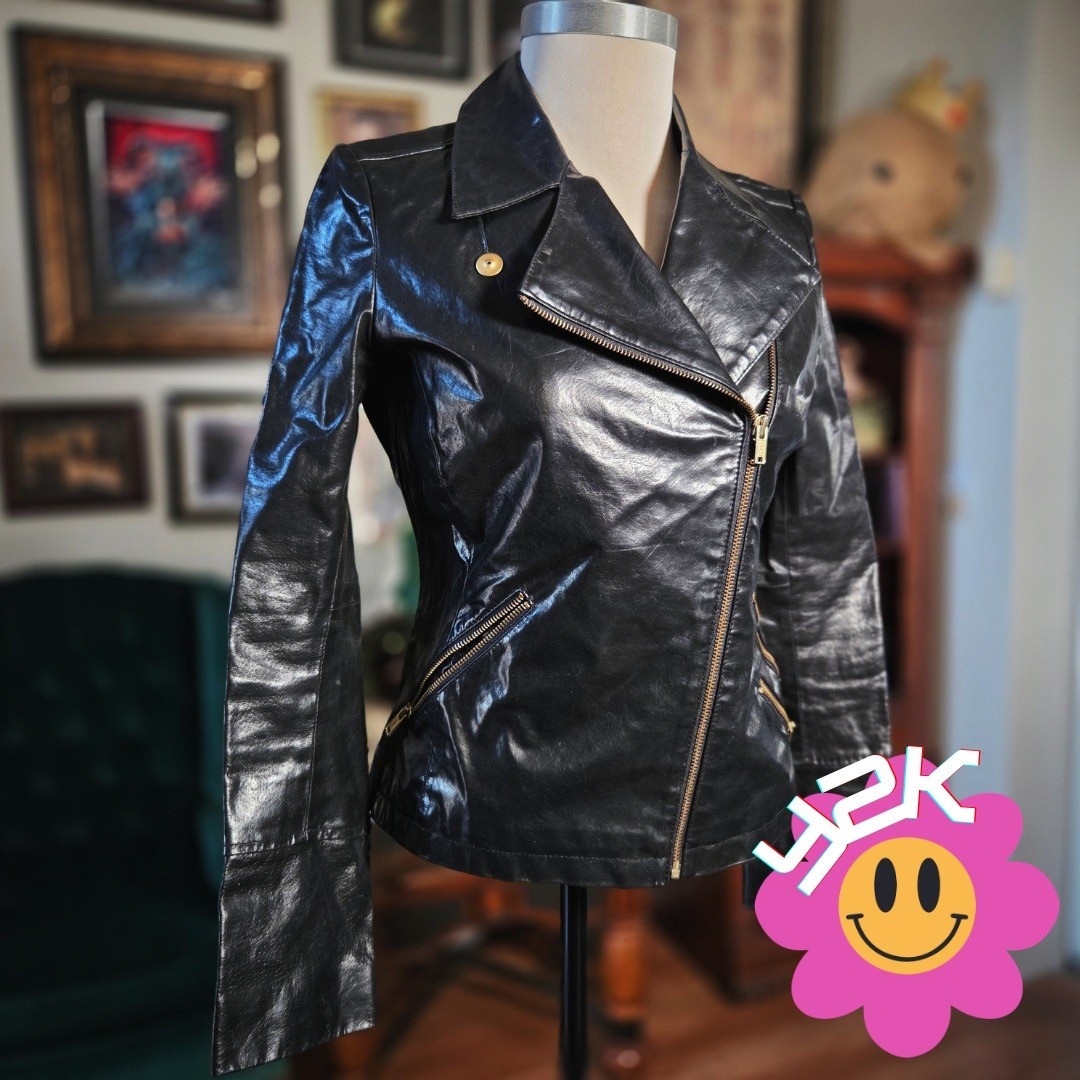 Calvin Klein Leather Jacket Y2K Sample Production Moto Black Fitted Rare GIII