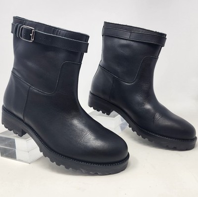 Max Mara Weekend Biker Boot Black Leather Pull On With Buckle Women's 38 US 8