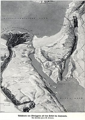 Orientkrieg Map / Reliefkarte von Oberägypten mit Suezkanal Druck von 1917 