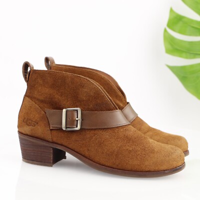UGG Womens Wright Belted Boot Size Tan Brown Suede Block