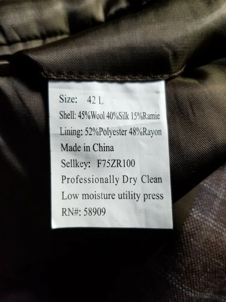 42L blue & brown Check Plaid SILK WOOL textured Sport Coat Blazer Jacket - Image 4 of 4