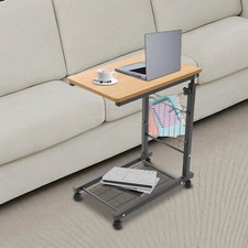 2 Tiers Adjustable Bed Side Table Teak Color Mobile Standalone Table w/ Wheels