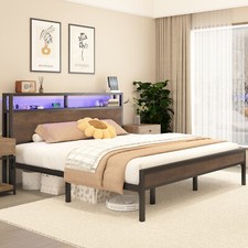Full/Queen Size Bed Frame with LED Lights and 2-Tier Storage Headboard