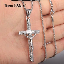Stainless Steel Jesus Christ Crucifix Cross Pendant Necklace 18-30" Box Chain 