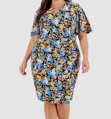 Kasper Womens Black Multi Floral Flutter-Sleeve Sheath Dress Plus Size 1X