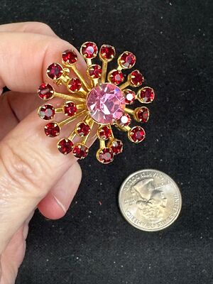 Flower Starburst Openwork Red Pink Rhinestones 1930s Vintage Gold