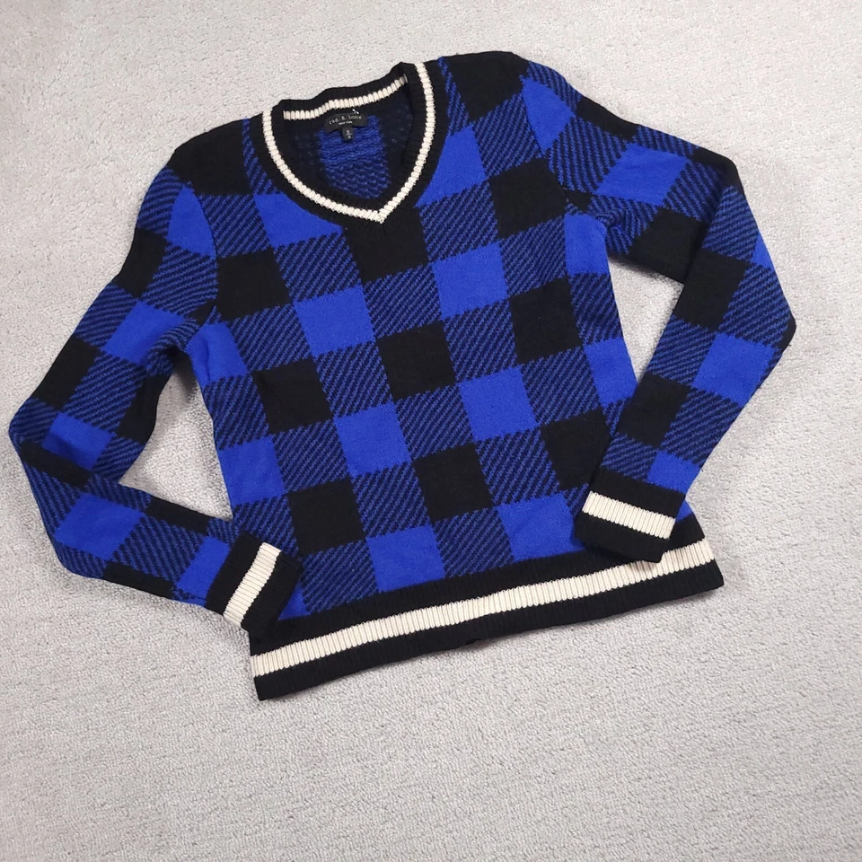 Suéter Rag & Bone Mujer Mediano Lana Merino Azul Negro Cuadros Búfalo Pullover Foto 2 de 4