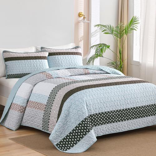 Blue Brown Quilt Size, Bohemian Stripe Quilt Sets 3 Pieces Queen Blue&brown