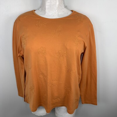 Classic Elements Womens Top sz 16 18 W Orange Floral Embroidered Long Sleeve