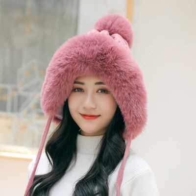 Women Faux Fur Trapper Hat Knitted Beanie Winter Ski Cossack