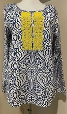 TALBOTS Womens Navy White & Yellow Beaded Tunic Shirt Top - Sz Small