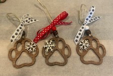 Wooden Dog Paw Snowflake Ornaments- Set of 3 Set B . Handcrafted/NEW. 