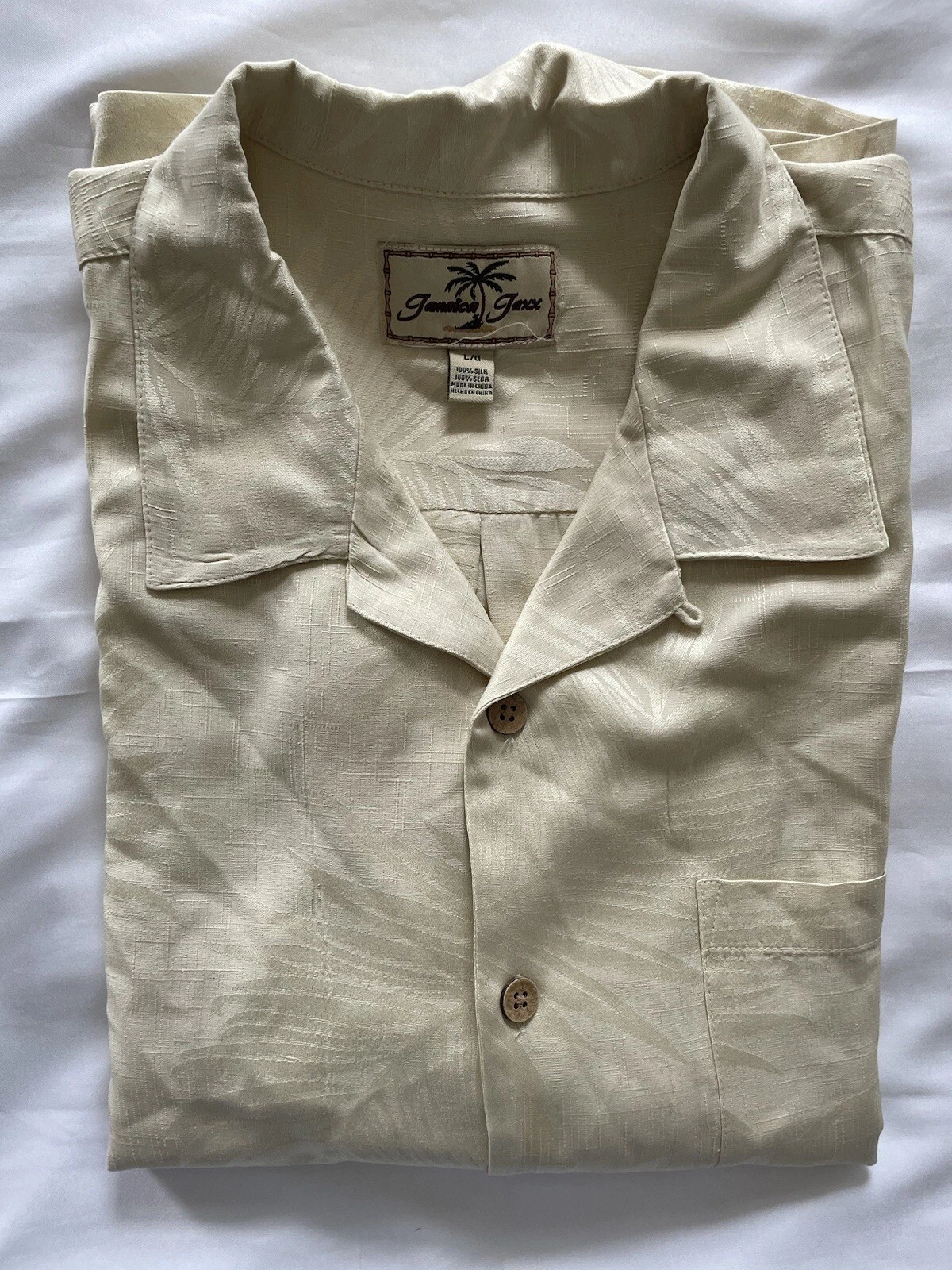 Jamaica Jaxx Silk Hawaiian Shirt Men's Size L Beige Button Down Short Sleeve