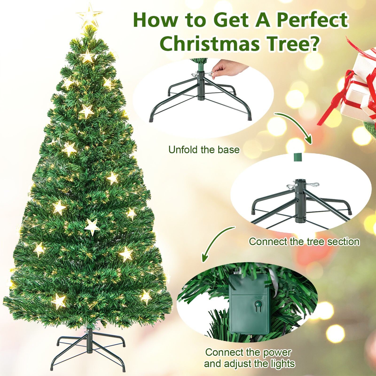 5FT Artificial Christmas Tree Prelit Fiber Optic Xmas Tree with 21 Star