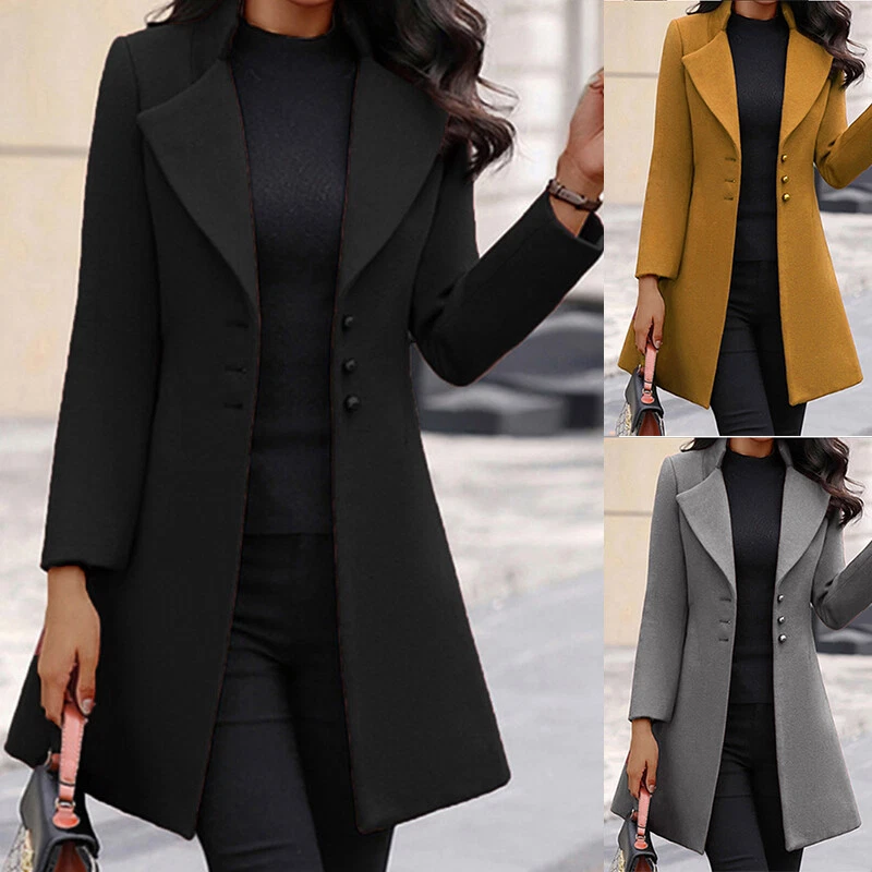 Women Woolen Blazer Coat Long Jacket Trench Coat Overcoat Slim Fit Elegant  US