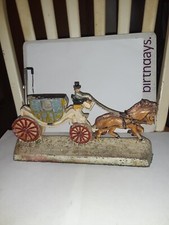 AntiqueVERY RARE Hubley Cast Iron Doorstop Buggy/Coachman/Horses Original Hubley