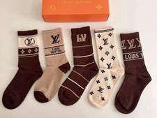 5 Pairs Women Monogram Style Socks Brown Beige Casual Crew Socks Gift Set