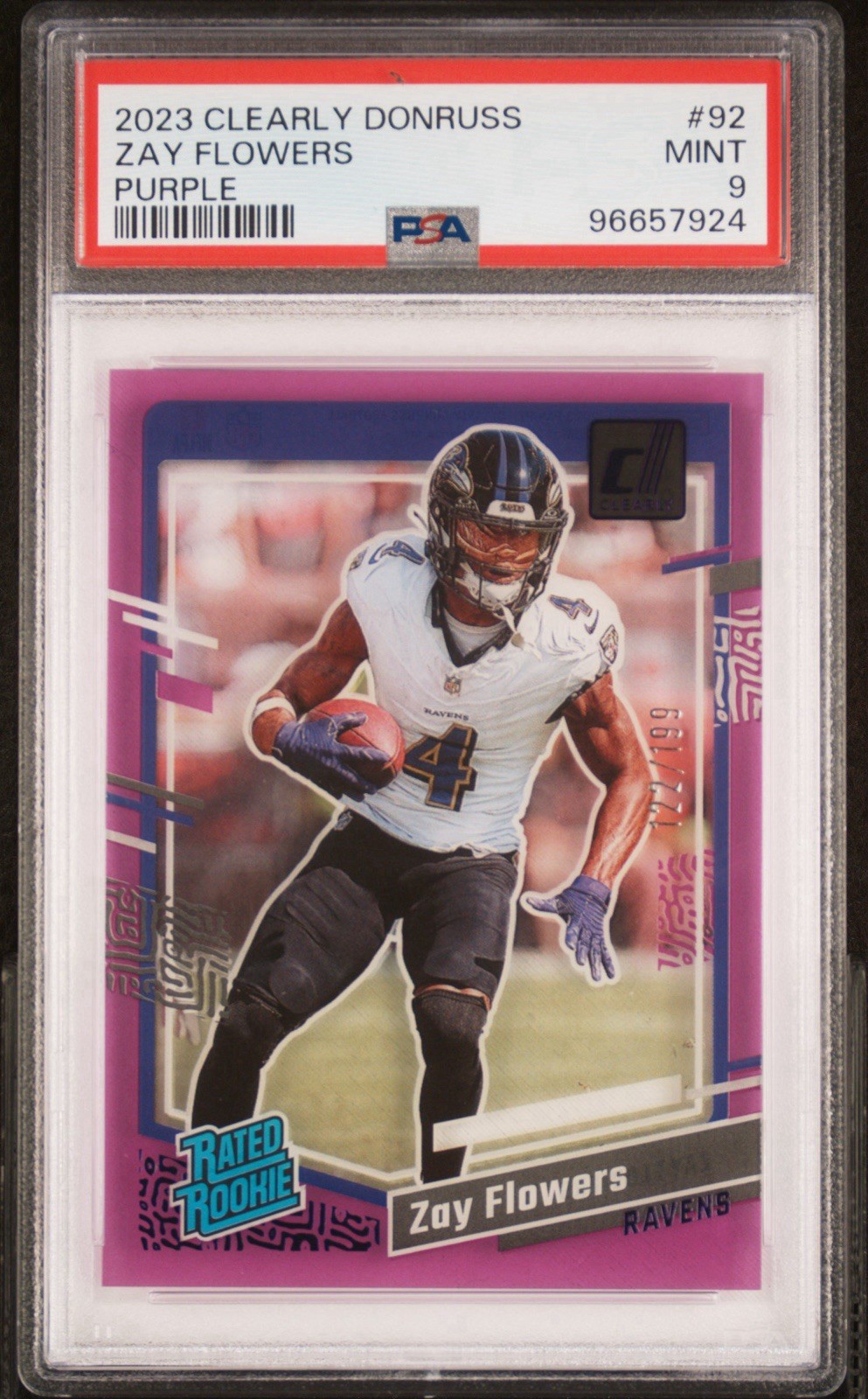 2023 Panini Clearly Donruss Rated Rookie Purple /199 Zay Flowers #92 PSA 9