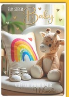 Geburt Baby GlüCkwunschkarte Mit Umschlag Stoffbabygiraffe Auf Stuhl Alles Liebe